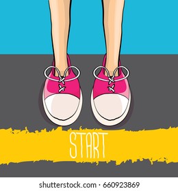 vector sneakers standing near yellow starting line. vector motivation to do or to star concept illustration