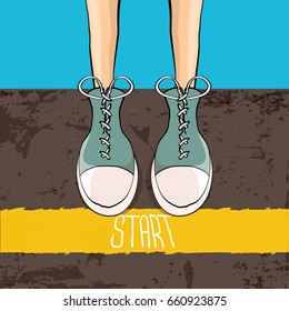 vector sneakers standing near yellow starting line. vector motivation to do or to star concept illustration