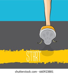 vector sneakers standing near yellow starting line. vector motivation to do or to star concept illustration