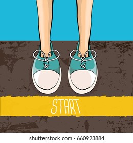 vector sneakers standing near yellow starting line. vector motivation to do or to star concept illustration