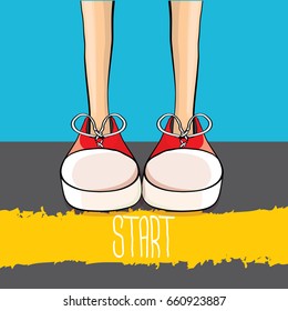 vector sneakers standing near yellow starting line. vector motivation to do or to star concept illustration