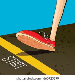 vector sneakers standing near yellow starting line. vector motivation to do or to star concept illustration