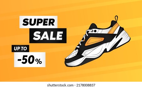 Vector sneakers super sale yellow banner. Black sneaker special price background. Summer footwear special price sticker. Shop promo advertising design. Fashion market shoe black friday -50% tag