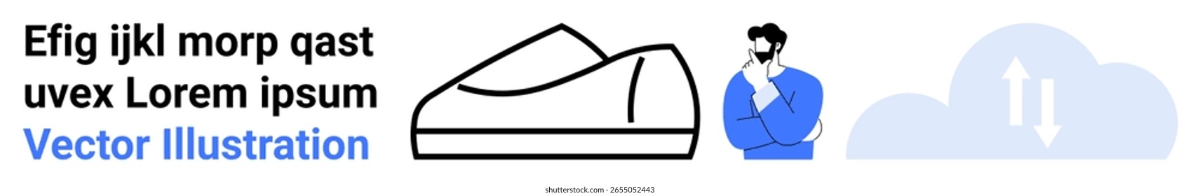 Vector sneakers, thoughtful man in blue, and cloud with arrows. Ideal for modern business, technology, cloud computing, data exchange, innovation, digital marketing, and lifestyle content. Landing