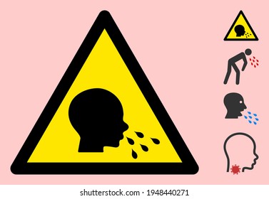 Vector sneezing patient flat warning sign. Triangle icon uses black and yellow colors. Symbol style is a flat sneezing patient attention sign on a pink background. Icons designed for notice signals,