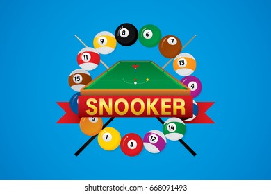Vector of snooker sport badge template design with table balls and wood cues.