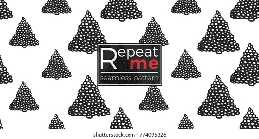 Vector snow ball fir-tree seamless pattern. Merry Christmas and happy new year greeting card backdrop design. Retro hand drawn flat art on white background.