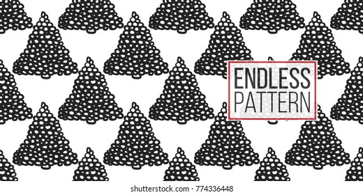 Vector snow ball fir-tree seamless pattern. Merry Christmas and happy new year greeting card backdrop design. Retro hand drawn flat art on white background.