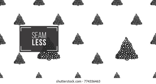 Vector snow ball fir-tree seamless pattern. Merry Christmas and happy new year greeting card backdrop design. Retro hand drawn flat art on white background.