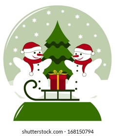 vector snow ball with pair of snowmen and sledge with gift