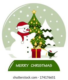 vector snow ball with snowman, bird with gift and christmas tree