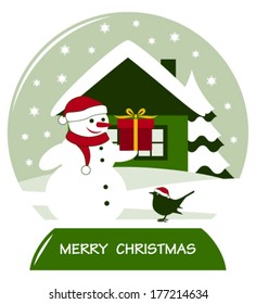 vector snow ball with snowman with gift and bird