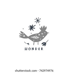 Vector snow bird illustration. Poster, postcard, sticker, print, elements for design and other.