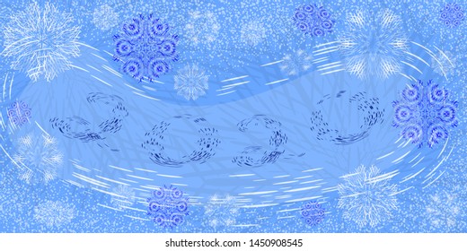 Vector snow blizzard with the numbers 2020. Background for a greeting card. White and blue snowflakes on a light blue background. For the design of Christmas themes.