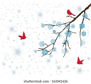 vector snow branch with red birds