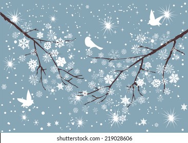 vector snow branches with snowflakes and birds