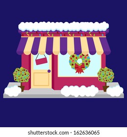 Vector Snow Covered Shop or Business Decorated for Winter and Christmas