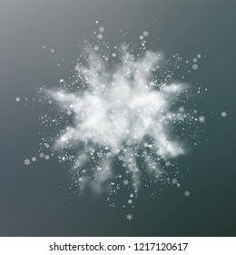 Vector Snow Explosion. Abstract Design Of White Powder Transparent Cloud And Snowflakes. Blast Of White Powder