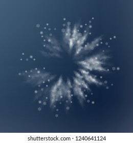 Vector snow explosion. Abstract design of white transparent cloud and snowflakes. Blast of white powder