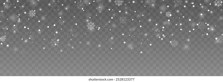 Vector de nieve cayendo desde arriba. Nevada sobre fondo transparente aislado. Navidades o fondo invernal. Nieve o copos de nieve png.