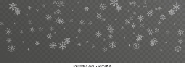 Vector snow falling from above. Snowfall on isolated transparent background. Christmas or winter background. Snow or snowflakes png.