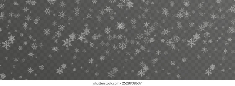 Vector snow falling from above. Snowfall on isolated transparent background. Christmas or winter background. Snow or snowflakes png.