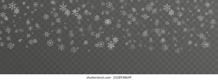 Vector snow falling from above. Snowfall on isolated transparent background. Christmas or winter background. Snow or snowflakes png.