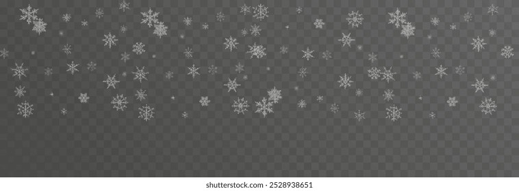 Vector snow falling from above. Snowfall on isolated transparent background. Christmas or winter background. Snow or snowflakes png.