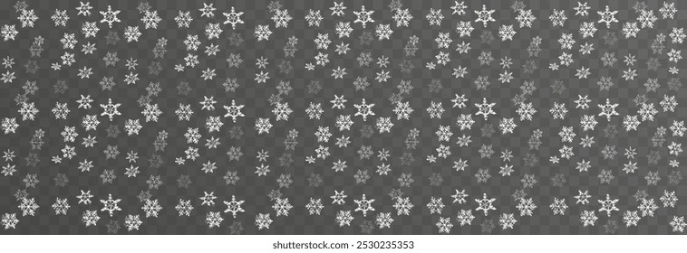 Vector snow falling from above. Snowfall on isolated transparent background. Christmas or winter background. Snow or snowflakes png.