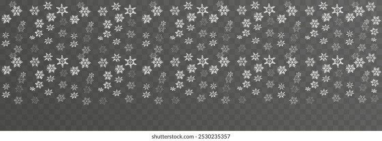 Vector snow falling from above. Snowfall on isolated transparent background. Christmas or winter background. Snow or snowflakes png.