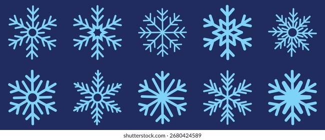 Conjunto de iconos de copo de nieve de Vector. Clipart de invierno minimalista perfecto para diseños festivos y de temporada. Plantilla de copos de nieve. Ilustración aislada de cristal de hielo de invierno. Silueta de línea de copos de nieve. Invierno de nieve.
