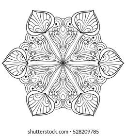 Vector snow flake in zentangle doodle style, mandala for adult coloring pages. Ornamental freehand winter illustration for decoration. Christmas greeting cards, invitation template