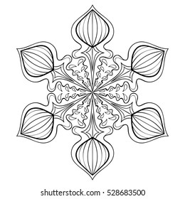 Vector snow flake in zentangle style, doodle mandala for adult coloring pages. Ornamental freehand winter illustration for decoration, Christmas greeting cards, invitation template