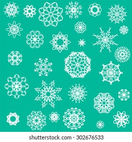Vector Snow Flakes Icons Isolated on Green Background