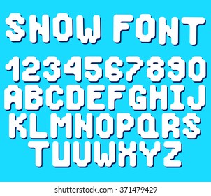 Vector snow font, white letters and numbers