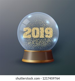Vector Snow Globe or Christmas ball with swirling gold confetti and 2019 numbers