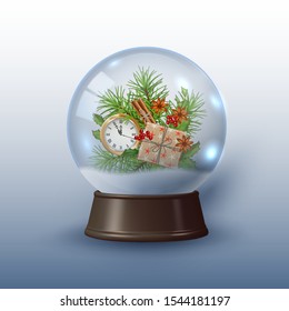 Vector Snow Globe or Christmas ball with a clock, gift and decorations