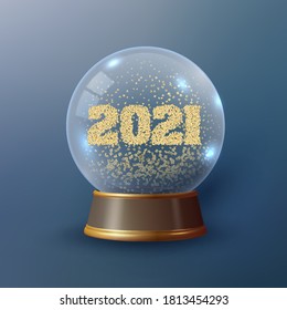 Vector Snow Globe or Christmas ball with the numbers 2021 inside it, which are formed from golden glitter