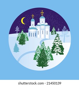 Vector snow globe with a church within