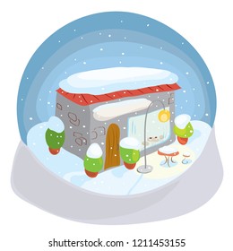 vector snow globe with a cozy cafe in the winter / memories of pleasant coffee pauses