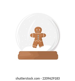 Vector snow globe with a gingerbread man. Christmas pastries. Vector festive illustration in cartoon flat style.
