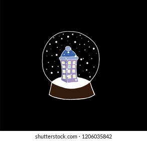Vector snow globe with a house in a hat on a black background