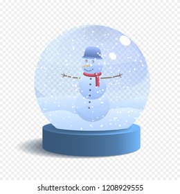 Vector Snow Globe Isolated on White Background. Realistic Glass Sphere with Falling Snow and Snowman. Vector Festive Illustration.