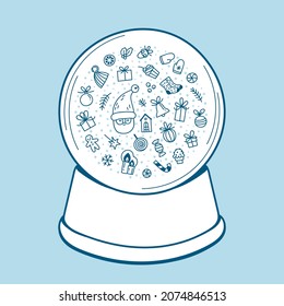 Nieve vectorial aislada en un fondo azul pastel. Nieve de doodle dibujada a mano con Santa, cajas de regalo, copos de nieve.