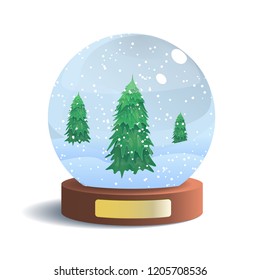 Vector Snow Globe with Metal Badge Isolated on White Background. Vector Illustration of Glass Sphere with Shadow. Realistic Ball with Snow and Fir Trees Inside. New Year and Christmas Gift.