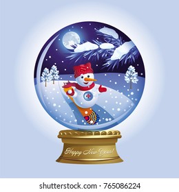 Vector snow globe for New year with snowman riding on a skateboard