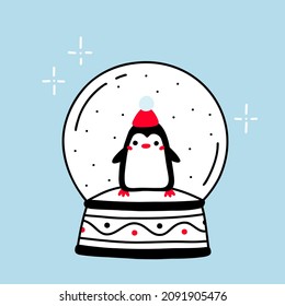 Vector snow globe with penguin. Cartoon penguin character.