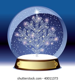 Vector snow globe with a silver christmas tree within