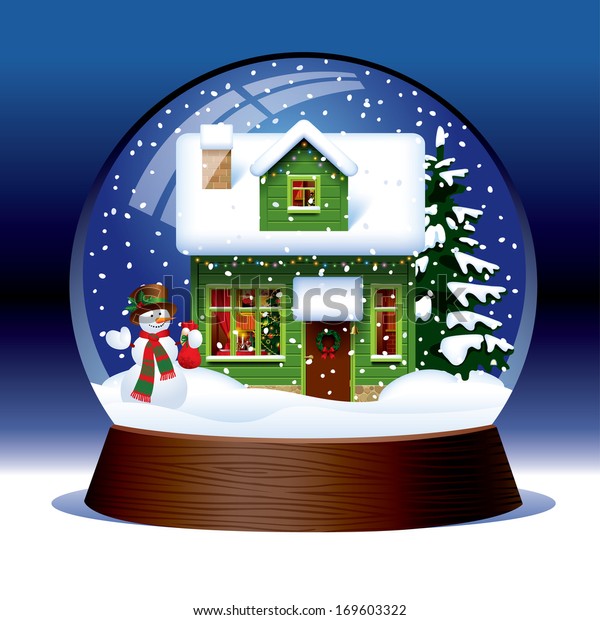 Vector snow globe with snowman, green wooden\
Christmas house covered with snow and spruce within against a dark\
blue background