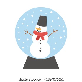 Vector snow globe with snowman and snowflakes. New Year decor item. Christmas tree toy isolated on white background. Cute winter Holidays ball for festive decorations.
